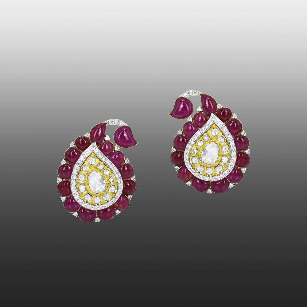 Red colourstone Cabochon Earrings with Polki Diamonds
